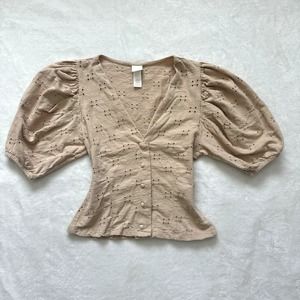 H&M Womens Beige V Neck Puff Sleeve Button Up Blouse
